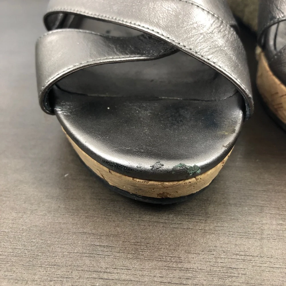 Cole Haan Metallic Pewter Leather Espadrille Wedge Sandals